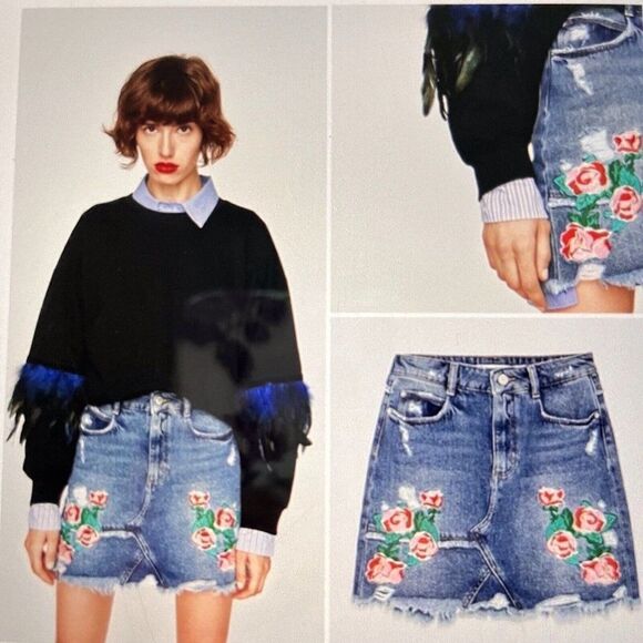ZARA DENIM HIGH WAISTED FLORAL EMBROIDERED DISTRESSED CUT OFF MINI SKIRT SIZE S - Picture 7 of 7
